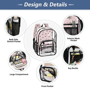 Sac à dos transparent en PVC pour enfants et adolescents, motif fleur rose tendance, 12L, logo personnalisé, sac d'école pour filles avec poches en filet - Product Image 5