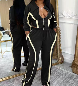 Tùy Chỉnh Phụ Nữ Cộng Với Kích Thước Màu Sắc Chắp Vá 2 Mảnh Thiết Lập Phụ Nữ Zip Đầy Đủ Tay Áo Crop Top + Dây Kéo Quần Giản Dị Phù Hợp Với thể Thao - Product Image 3