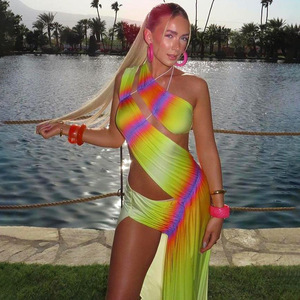 Re Mcgreen Star ritagliato gradiente elegante Maxi abito estivo arricciato Modulare donne Sexy abiti senza schienale festa - Product Image 4