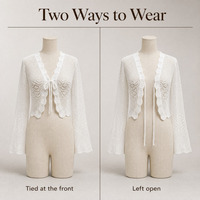 Cardigan blanc en crochet personnalisé OEM ODM pour femme, col en V à nouer, manches longues évasées, maille ajourée, coupe courte, style cache-cœur