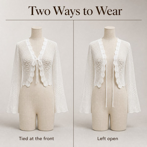 Custom OEM ODM <strong>White</strong> Crochet <strong>Cardigan</strong> Women Open Front Tie V Neck Knit Long Flared Sleeve Hollow Out Mesh Cropped Cover up - Product Image 4