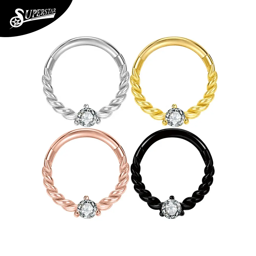 Superstar 316L stainless steel cast septum twisted rope structure inlaid AAA white round zircon nose ring piercing jewelry