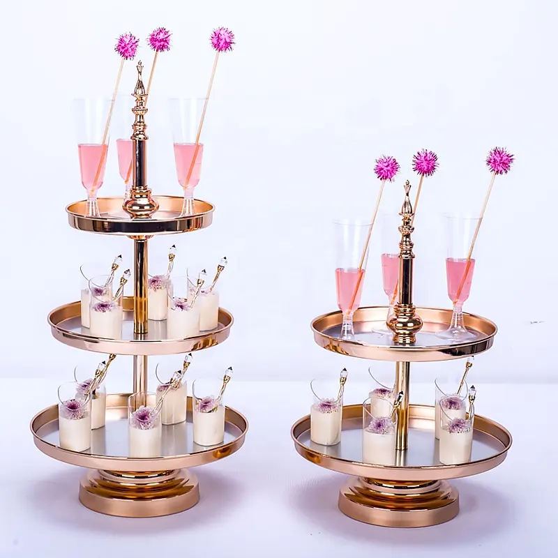 Ronde gold zilverkleurige metalen roestvrijstalen spiegel 2 3 tier opknoping multi-layer cupcake cake stand bruiloft sets decorating lade