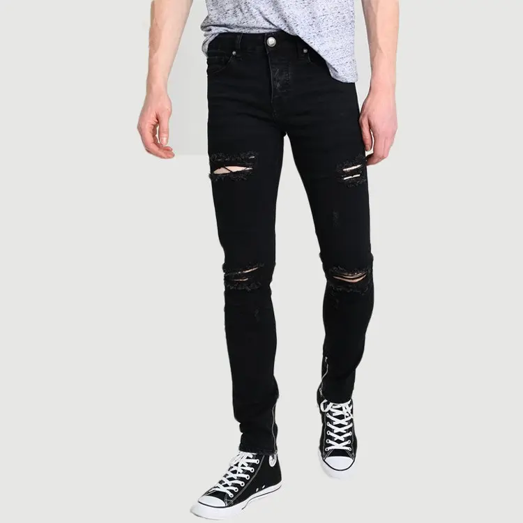 New Pattern European Type Zip Fastening Washed Ripped Black Jeans