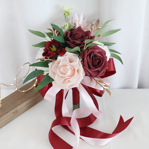 Automne Orange <span class=keywords><strong>Champagne</strong></span> Soie Artificielle <span class=keywords><strong>Demoiselle</strong></span> D'honneur Fleurs Bouquet pour Mariage, Mariage Bourgogne Rose Bouquets pour Demoiselles D'honneur - Product Image 4