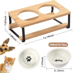 Gamelle pour animaux de compagnie en bois avec structure en bois massif, double gamelle en céramique pour nourriture et eau, gamelle pour chat protégeant le cou, anti-renversement en bois - Product Image 4