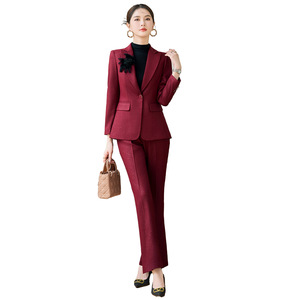 Women's Burgundy Suit Set Long Sleeve Slim Fit Formal Wear For Presenters Anti-Wrinkle Diamond Pattern Polyester Fabric - Product Image 5
