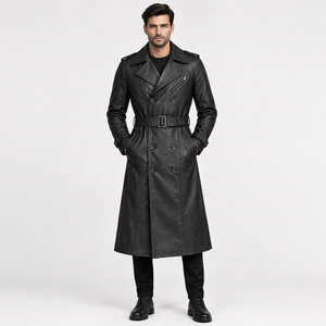 <b>Men</b> Genuine Leather <b>Long</b> Trench <b>Coat</b> Notched Lapel Double Breasted With Belt Regular Fit - Product Image 1