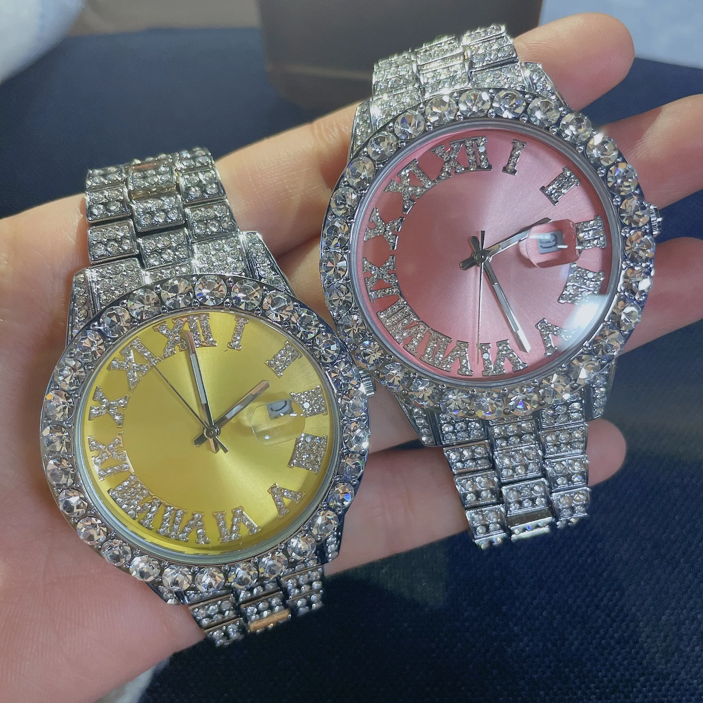 2022 tam Rhinestone elmas Hip Hop renkli altın kaplama Bling izle erkekler lüks buzlu Out Bling bilek saatler Set takı hediye için