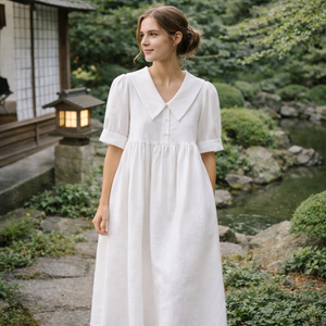 Fournisseur de haute qualité de vêtements pour femmes sur mesure : une robe décontractée en lin blanc avec un <span class=keywords><strong>col</strong></span> <span class=keywords><strong>marin</strong></span> pour femmes élégantes - Product Image 3