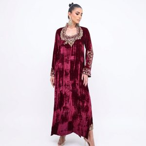 <b>Burgundy</b> <b>Velvet</b> Polyester Abaya Long Sleeve Floor Length Embroidered Sweetheart Neck Modest Islamic <b>Dress</b> Women All Seasons - Product Image 1