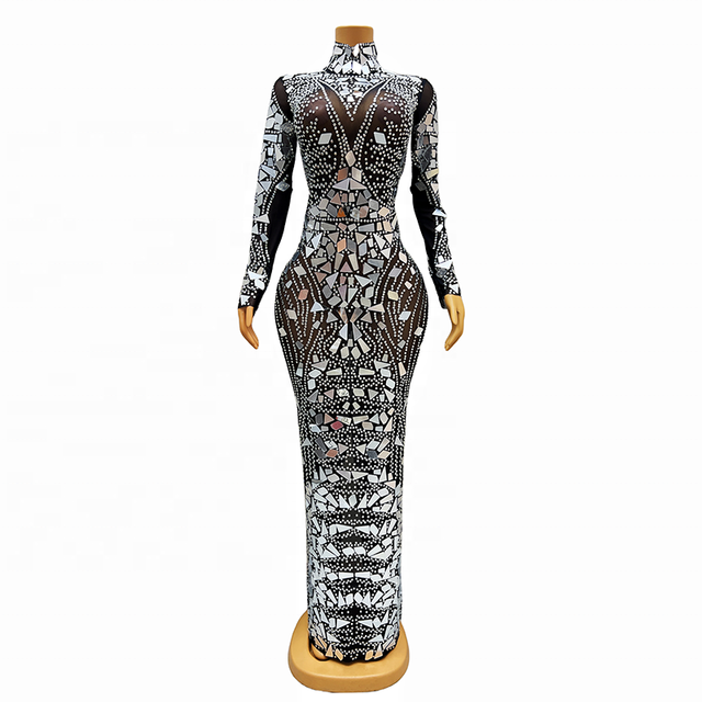 Wholesale Products in Bulk Black Gowns for Women Evening Dresses High Neck Long Sleeve Silver Sequin Fabric