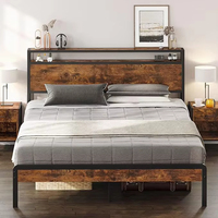 Cadre de lit japonais réglable en fer, taille double, avec tête de lit de rangement (fini grain de bois) pour chambre à coucher et appartement