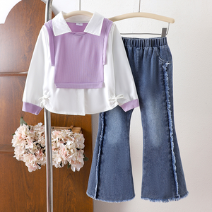 Set da ragazza Hip Hop in due pezzi nuova <span class=keywords><strong>camicia</strong></span> autunno/inverno viola a maniche lunghe e pantaloni in <span class=keywords><strong>Denim</strong></span> con abbigliamento quotidiano in tinta unita - Product Image 1