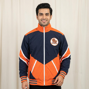 Blouson universitaire vintage pour homme, orange marine, coupe-vent en polyester, fermeture éclair frontale, avec badge, style sportif, col montant, à capuche, pour l'automne, finitions soignées - Product Image 1