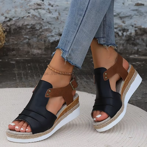 Sandales compensées rétro pour femme, à semelle épaisse, color block, en corde de chanvre, à bout ouvert, pour l'été - Product Image 1
