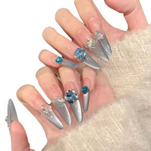 [Blue Secret Realm] <span class=keywords><strong>Unghie</strong></span> Finte Artigianali con Strass, Effetto Occhio di Gatto, Rimovibili, per Ragazze Giovani <span class=keywords><strong>e</strong></span> Alla Moda - Product Image 1