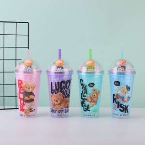 450ml Reusable Cool Skate Bear Streetwear Themed Double Wall <b>Plastic</b> Straw Tumbler with Mini Bear Figurine & Pastel Pom Pom - Product Image 2