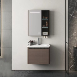 Meuble de salle de bain moderne en PVC, entièrement étanche, structure stable, avec miroir LED et lavabo en céramique - Product Image 2