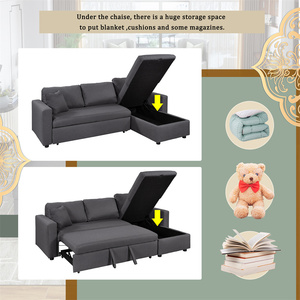 Wholesale Modern Linen Corner <strong>Sofa</strong> Pull Out Upholstery Sleeper <strong>Convertible</strong> L Shaped <strong>Sofa</strong> Come <strong>Bed</strong> Grey with Storage Space Chaise - Product Image 6