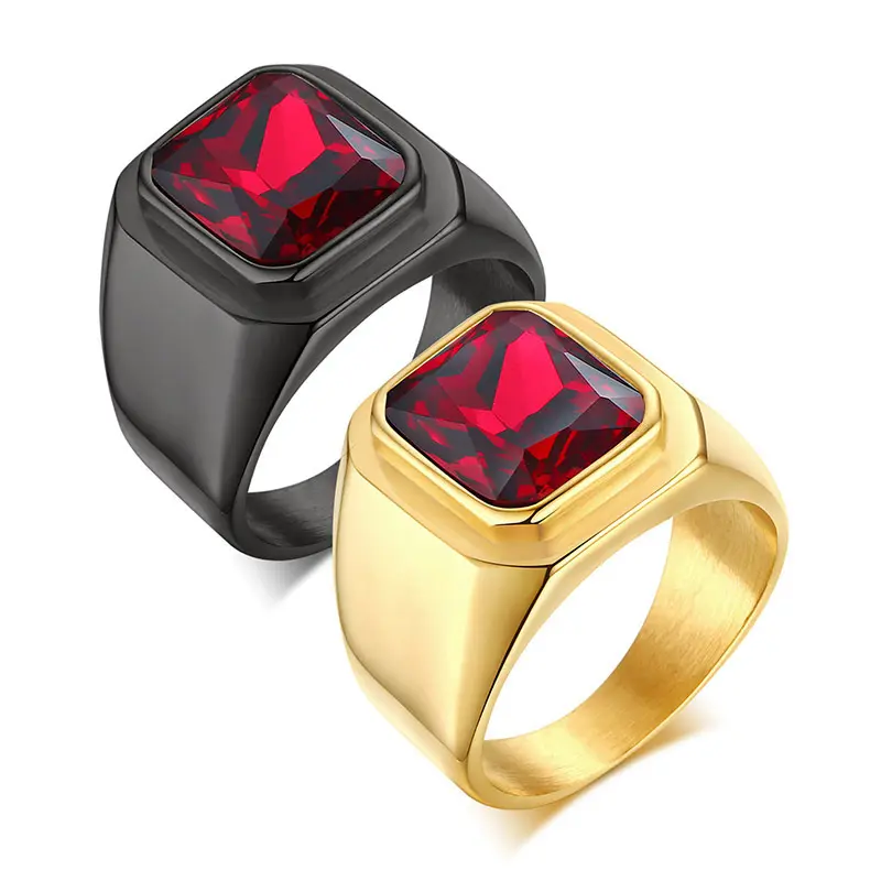 GT Square Black Red Stone Ring Male Rock Punk Jewelry Titanium Steel Retro Signet Cubic Zircon Ring for Men