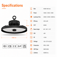 Lámpara LED UFO Industrial de Alta Potencia, 200 Lm/W, 6500K, 7 Años de Garantía, Liteon 5050 LED, Lente de PC, IP65, IK08, 100W, 120W, 150W