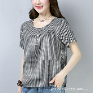 Women's Short Sleeve Plaid T-Shirt Red And Black Cotton Poplin Button Front Everyday Wear - Product Image 2