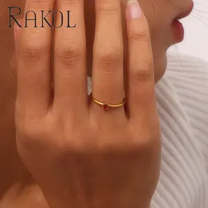 RAKOL MJ017 Ins Cincin Ekor Ulang Tahun Modis Sederhana Mewah Perhiasan Baja Tahan Karat Berlapis Batu Kelahiran 18K Cincin Tipis