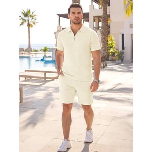 Ensemble de shorts et polo jacquard 2 pièces pour homme FOXA, fermeture éclair quart de tour, respirant, tricoté, tenue de plage - Product Image 6