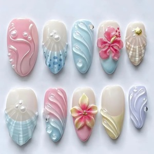 Unghie finte a pressione con conchiglie oceaniche in 3D, forma a mandorla, rosa pastello, blu, frangipani dipinti a mano, punte per unghie finte riutilizzabili per la spiaggia - Product Image 1