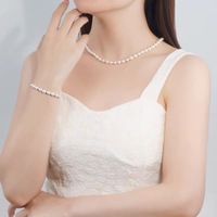 Parure de bijoux de voyage en perles, collier, bracelet, boucles d'oreilles, perles de riz d'eau douce 7-8 mm, argent 925, mini étui portable, vente en gros, personnalisable