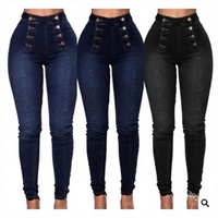 Jean droit taille mi-haute pour femme, coupe classique, avec boutons, design simple, élastique, style sportif, dégradé de couleurs printanières