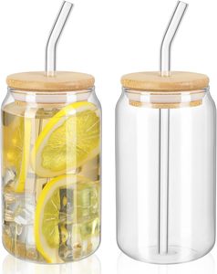 Vasos de Cerveza de 16oz y 18oz, Vasos para Café Helado, Vasos de Vidrio con Forma de Lata, Frascos, Botellas, Vasos con Tapa de Bambú y Pajita de Vidrio - Product Image 1