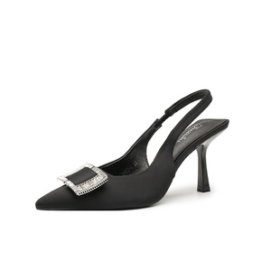 Zapatos de Tacón Alto Negros de Satén con Punta en Pico y Tira Trasera, con Hebilla de Diamantes de Imitación, para Mujer, para Todas las Temporadas - Product Image 5