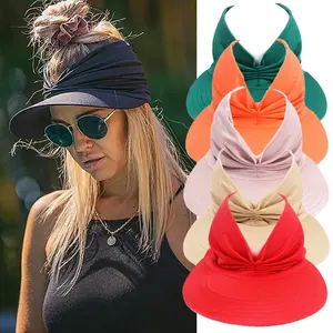 사용자 정의 여름 비치 모자 여성 태양 바이저 모자 와이드 브림 중공 탑 UV 보호 포니 테일 바이저 모자