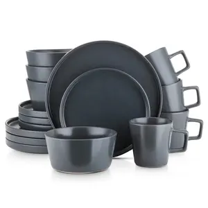 Matte black luxury ceramic stoneware dining ware set dinnerware sets colorful dinning plate set for dinner