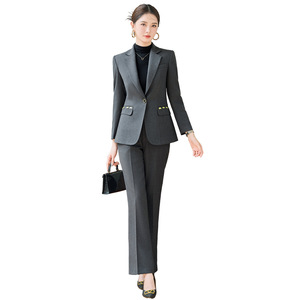Women's Suit Set Grey Polyester Wool Blend Slim Fit Office Lady Anti-Wrinkle Spring Autumn Style - Product Image 5