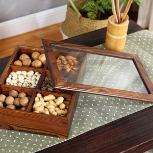 Caja de madera para frutos secos, contenedor de almacenamiento con tapa acrílica de seis compartimentos para nueces, dulces, decoración del hogar, tipo rectangular - Product Image 1