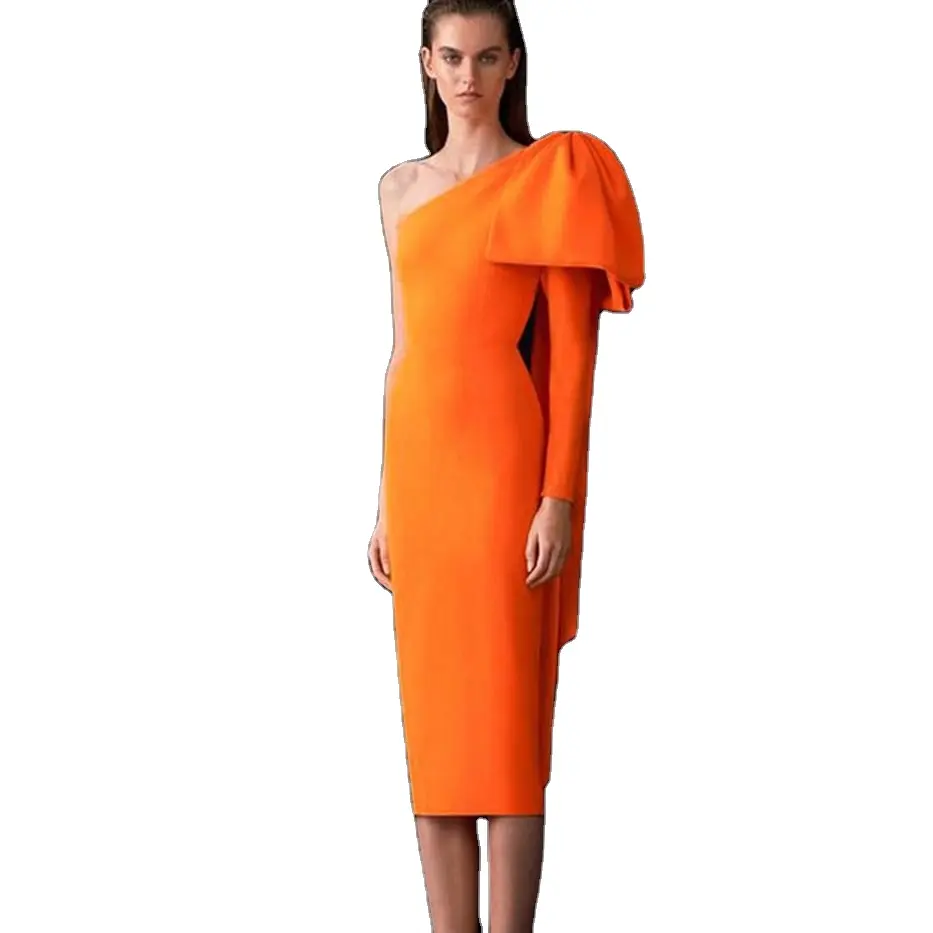 C2159 ऑरेंज बड़ा धनुष विषम Tulle प्रोम पोशाक लांग इवनिंग गाउन विशेष रूप से डिजाइन फैशन पट्टी पोशाक थोक