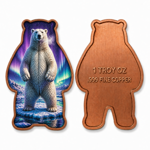 Barra de Cobre Fino de 1oz .999, con Forma de Oso Polar, Troquelada, Impresa a Todo Color con UV, Coleccionable, Regalo de Vida Silvestre - Product Image 1