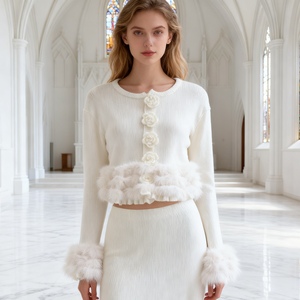 เสื้อสเวตเตอร์ถักแขนยาวลายดอกไม้สำหรับผู้หญิง แต่งระบายชายเสื้อ แฟชั่น - Product Image 4