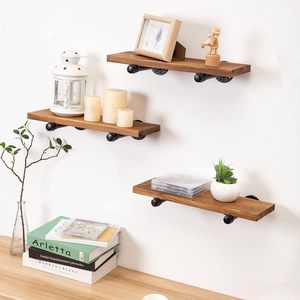Houten Drijvende Planken Met Industriële Pipeholdersaset Of3-story Aan De Muur Gemonteerde Shelvesforbathroomsslaapkamers, Woonkamers, Kantoren - Product Image 5