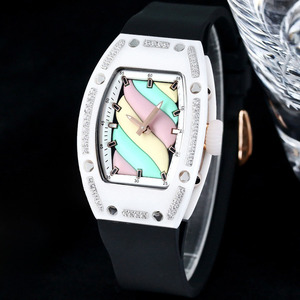 Montre mécanique tourbillon en céramique en forme de baril avec lunette sertie de diamants, verre saphir macaron, bracelet en caoutchouc blanc, haute qualité, usage quotidien - Product Image 3