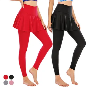 Women Sport Workout Yoga Pants Leggings with Pleated Gym Tennis Skirt