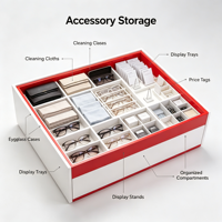 Ensemble complet de mobilier de magasin d'optique OEM d'usine, vitrine murale incurvée pour lunettes de soleil avec éclairage LED
