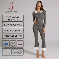 Joydressing Set Pakaian Santai Abu-abu Elegan Wanita dengan Ruffle Trim Peter Pan Collar Button Down Top Flare Pants Suit Grosir