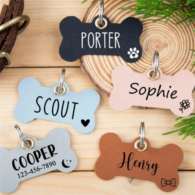 Custom Bone Shaped Dog Anti Loss Identity Tag PU Leather Laser Carved Personalized Pet Tag