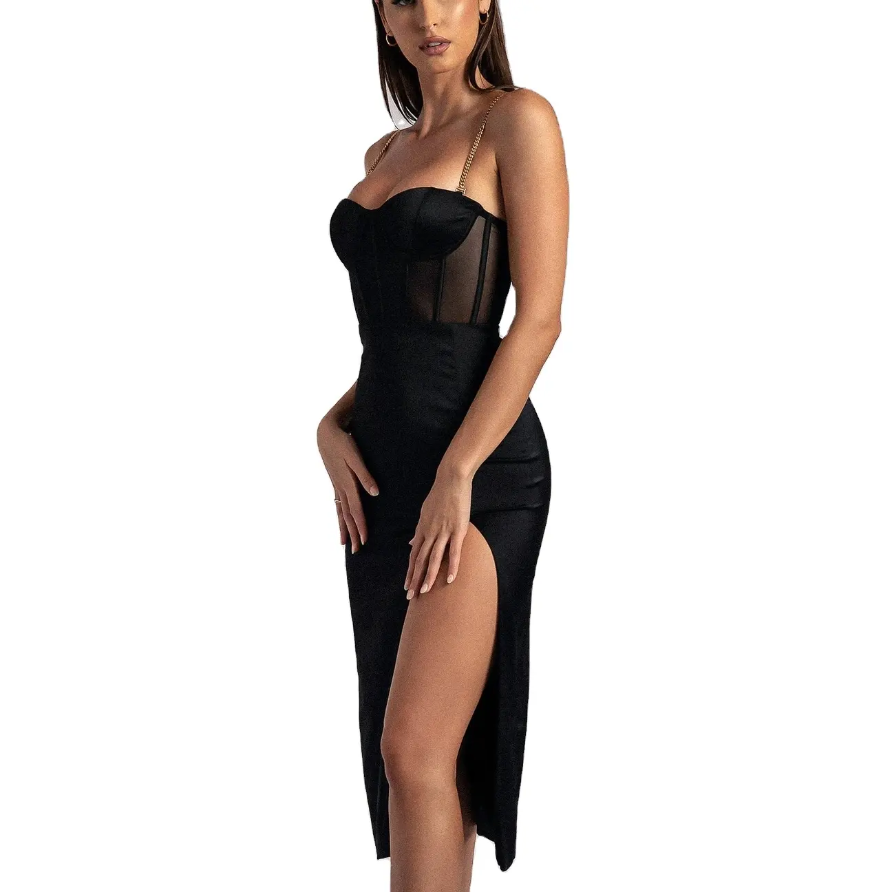 OEM Sexy Club Dresses Black Spaghetti Chain Strap Side Split Sleeveless Bone Corset Dress For Women