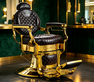 Fauteuil de coiffure hydraulique inclinable en cuir matelassé avec cadre en métal doré rétro haut de gamme - Product Image 6