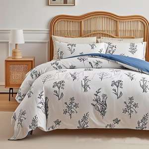 طقم غطاء لحاف وغطاء وسادة بنمط نباتي زهري خفيف من 3 قطع، ناعم وقابل للتنفس، تصميم بسيط من البوليستر للمنزل والفنادق - Product Image 3